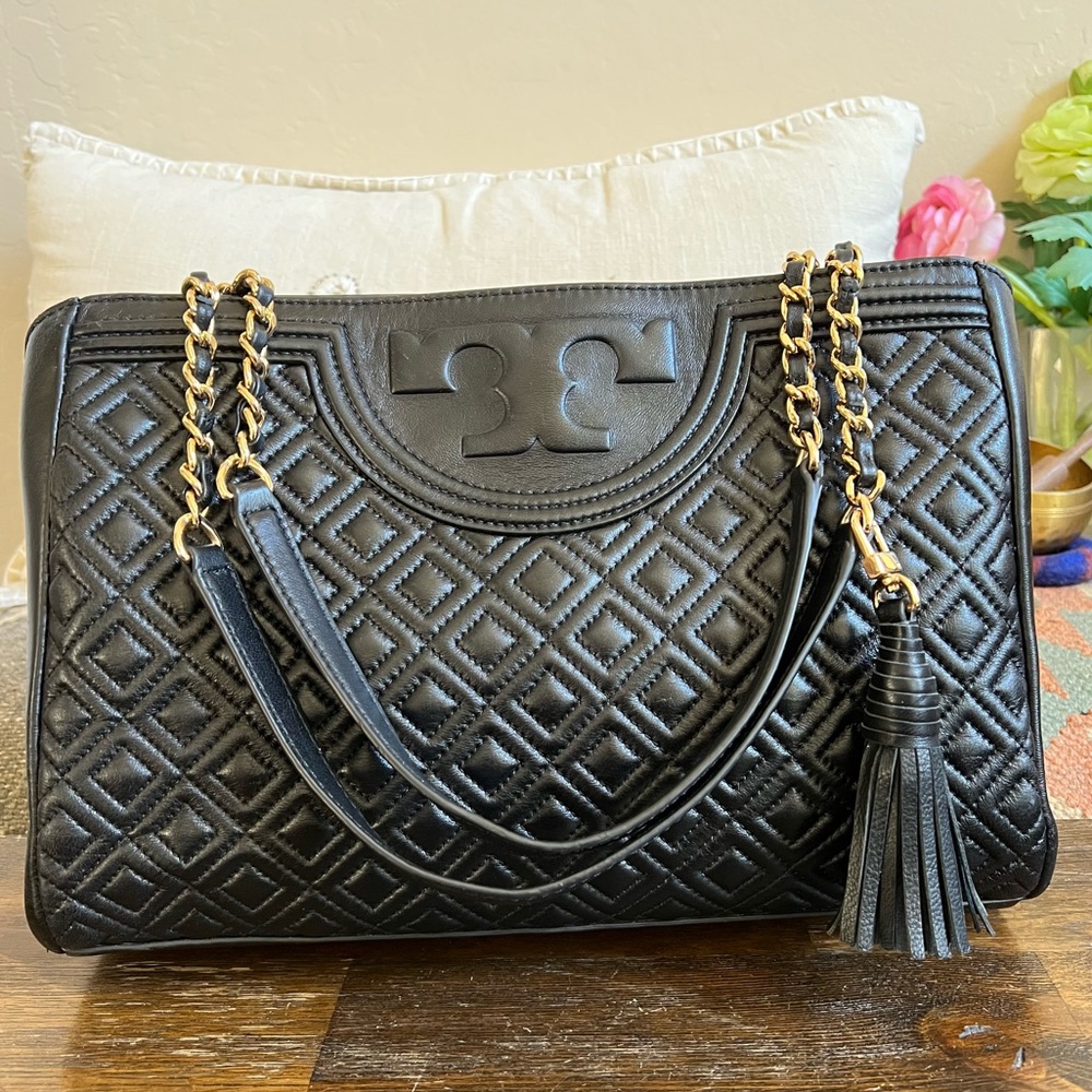 Tory Burch Fleming Quilted Black Leather Chain Straps Tassel Shoulder Bag